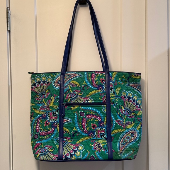 Vera Bradley Large Pleated Tote Shoulder Bag Purse Trimmed Emerald Green Paisley - Picture 2 of 9